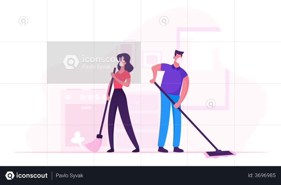Family Couple Cleaning House During Covid19 Quarantine  Illustration