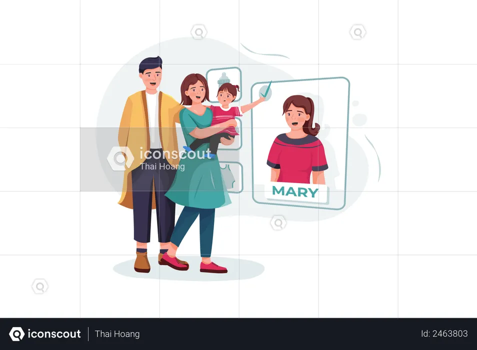 Family couple with baby choosing nanny online  Illustration