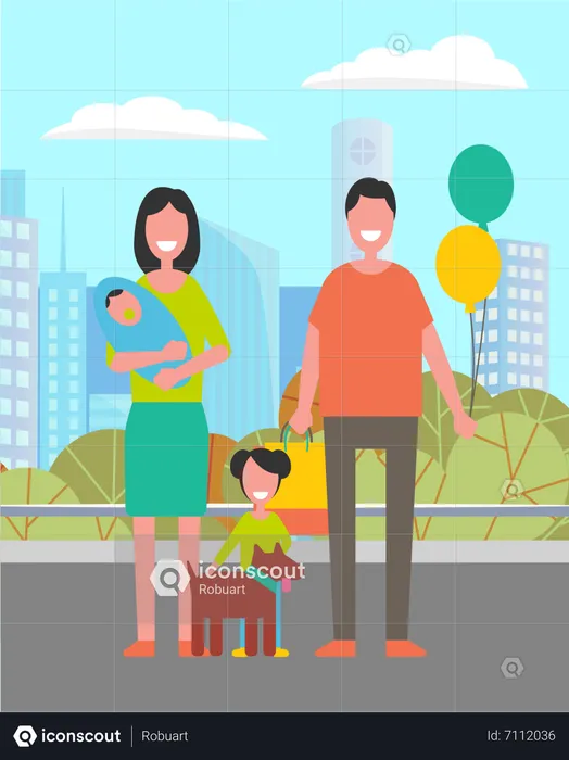 Family couple with children and dog in the park  Illustration