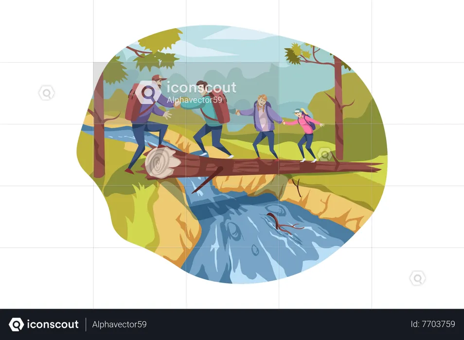 Family crossing river and walking on tree trunk  Illustration