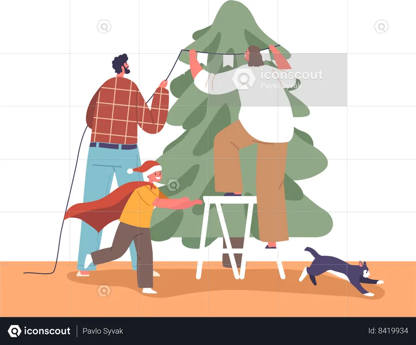 Family decorate Christmas tree  Illustration