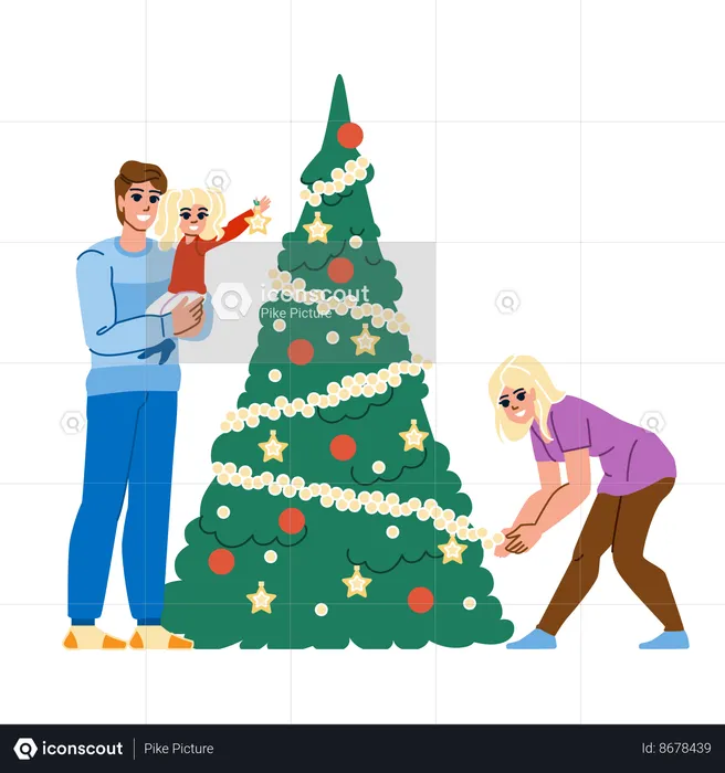 Family decorate christmass tree  Illustration