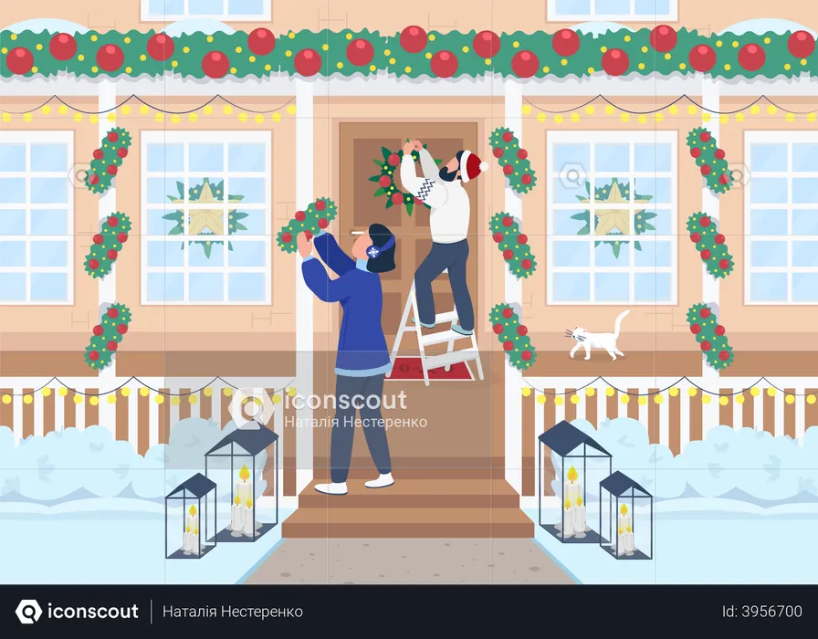 Best Family decorate house for Christmas Illustration download in ...