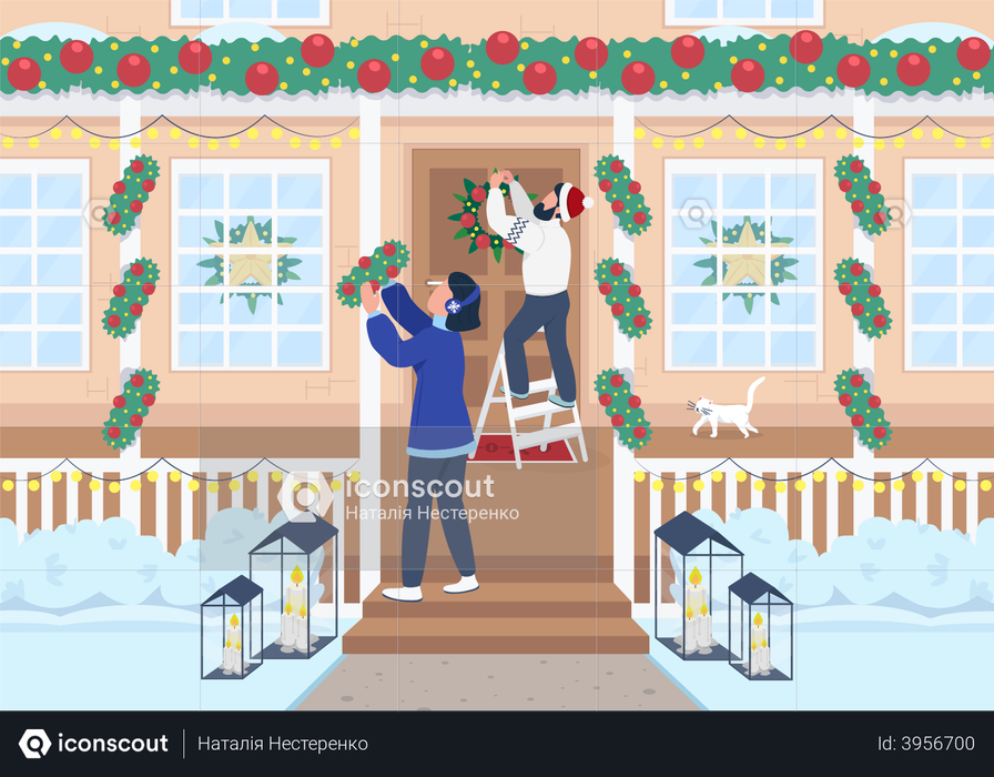 Family decorate house for Christmas Illustration