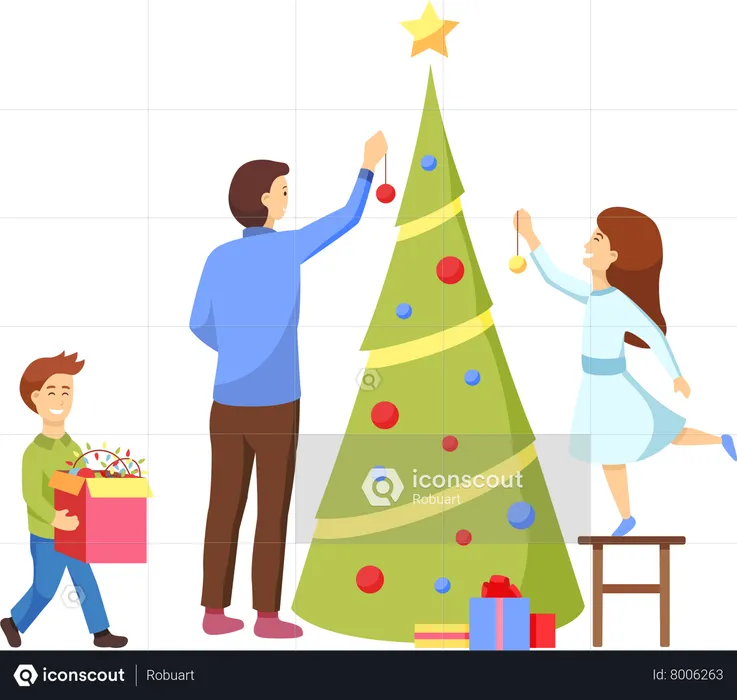 Family decorating christmas tree  Illustration
