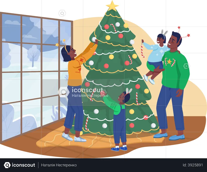 Family Decorating Christmas tree  Illustration