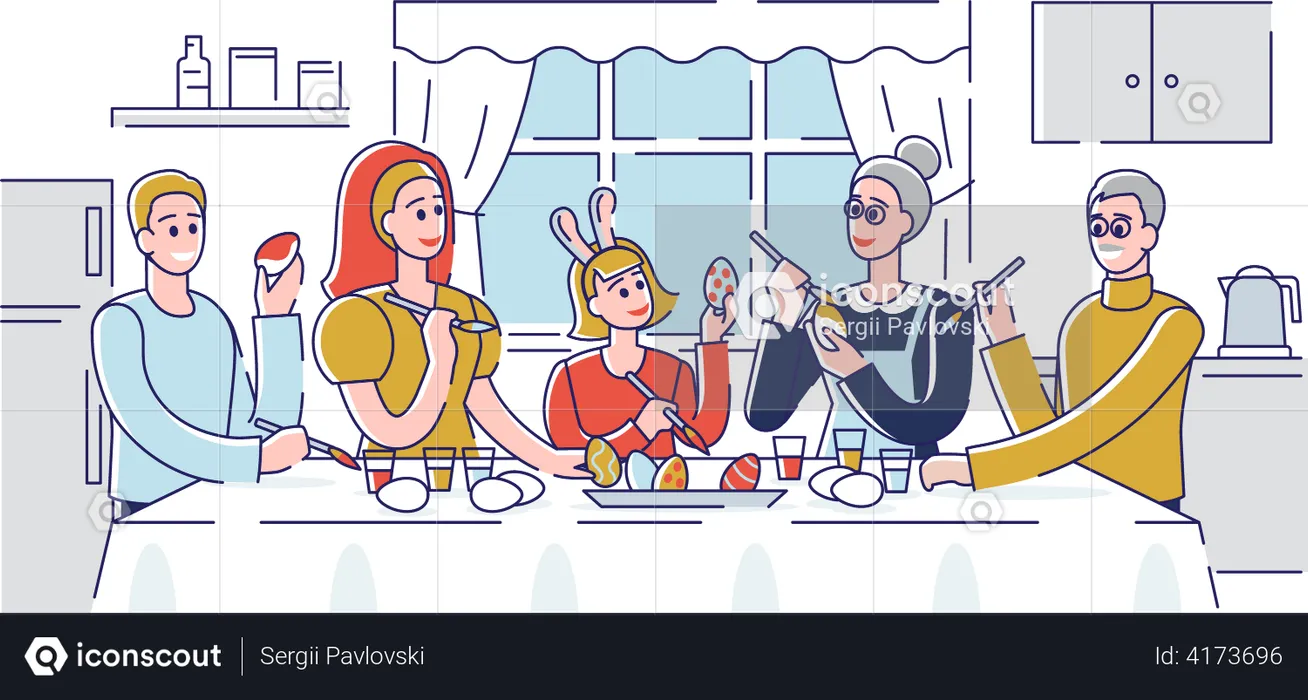 Family decorating easter egg together  Illustration