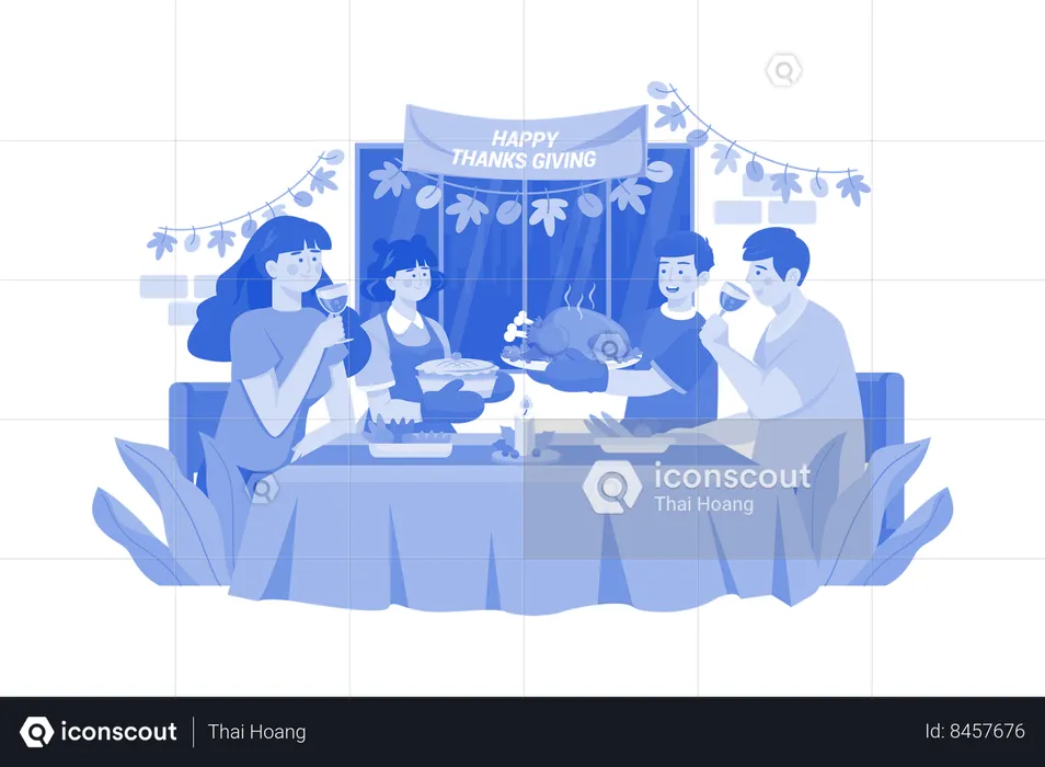 Family Dinner Together On Thanksgiving Day  Illustration