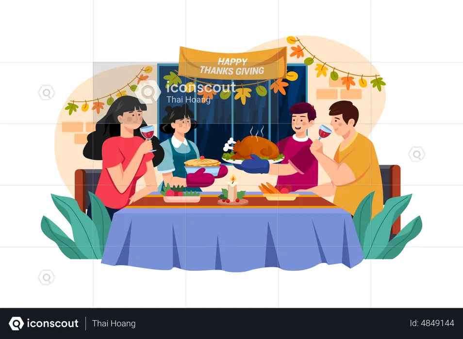 Family Dinner Together On Thanksgiving Day  Illustration