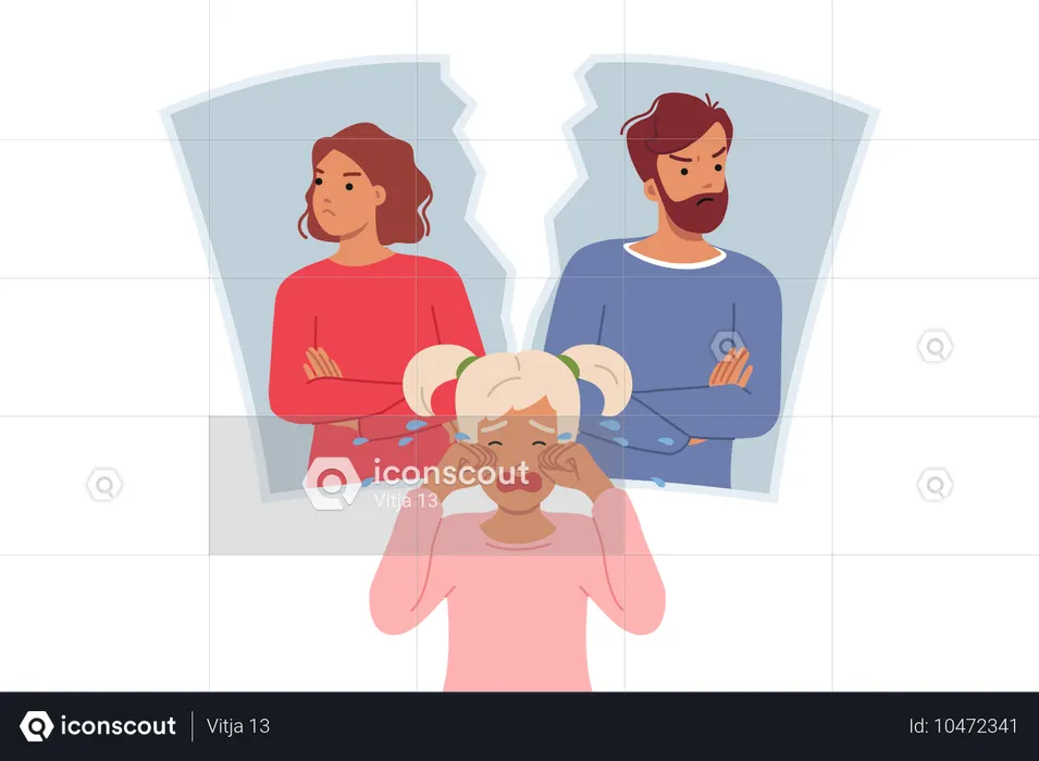 Family dispute destroys psyche of child crying standing near torn portrait of parents  Illustration