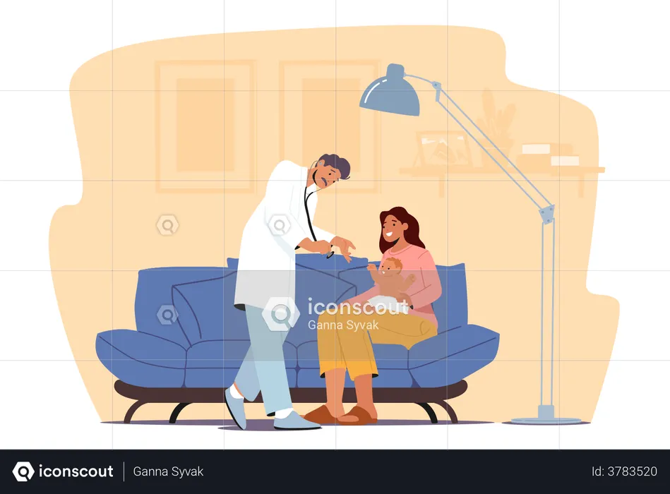 Family Doctor Visit Baby For Checkup At Home  Illustration