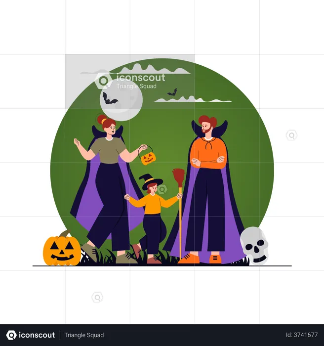 Family doing Halloween costume party  Illustration