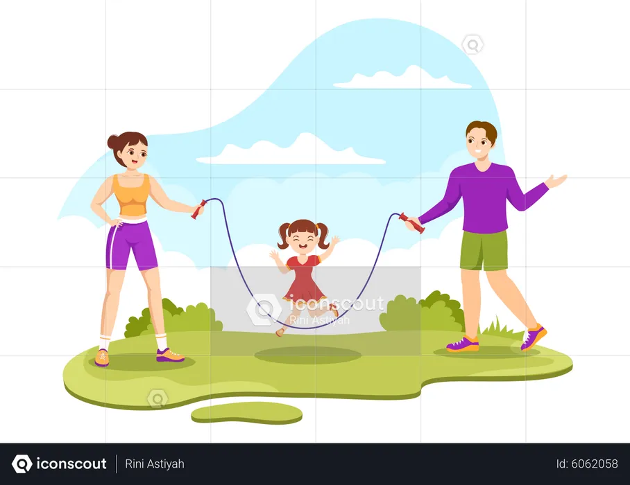 Family doing humping rope  Illustration