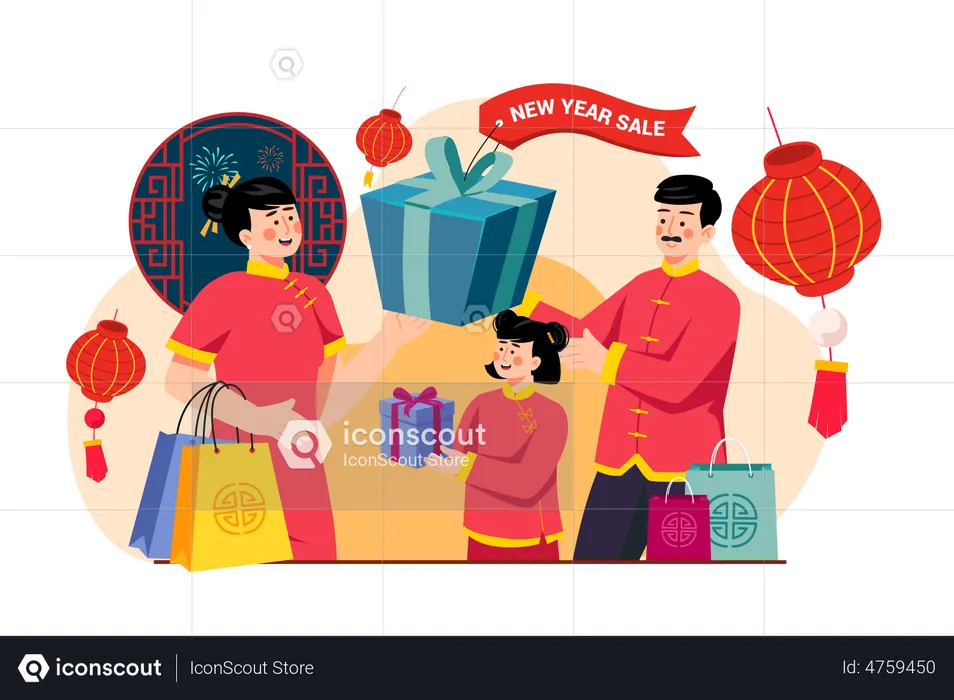Family doing shopping during Chinese new year sale  Illustration