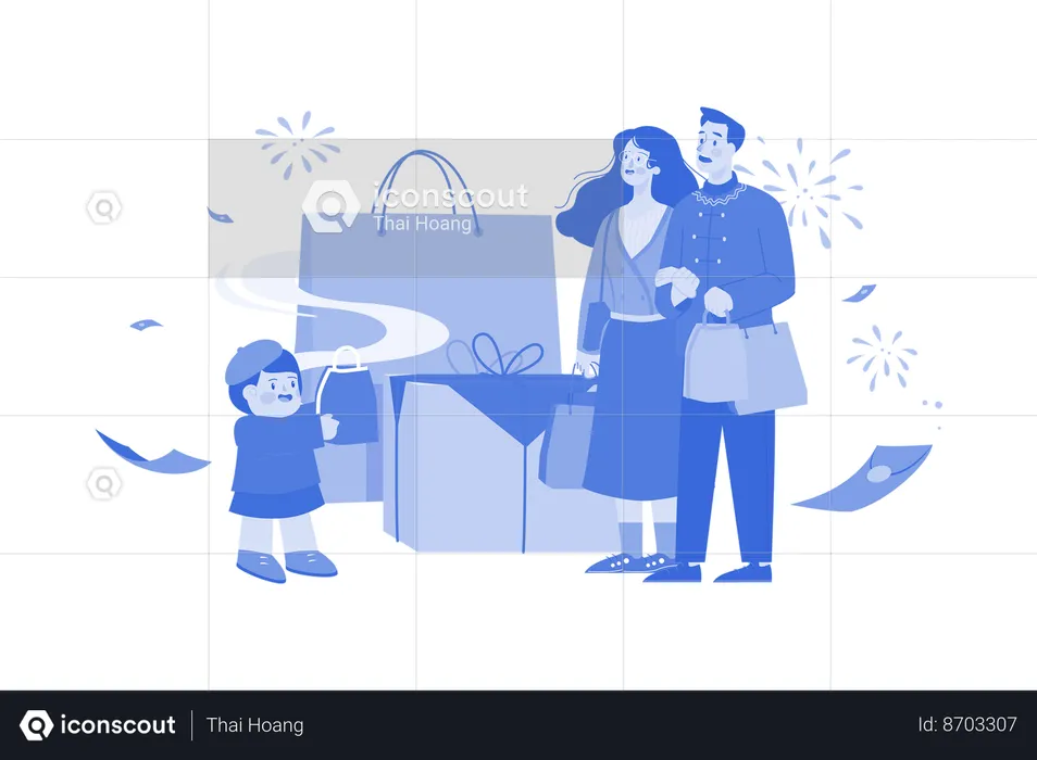 Family doing shopping on Chinese New Year  Illustration