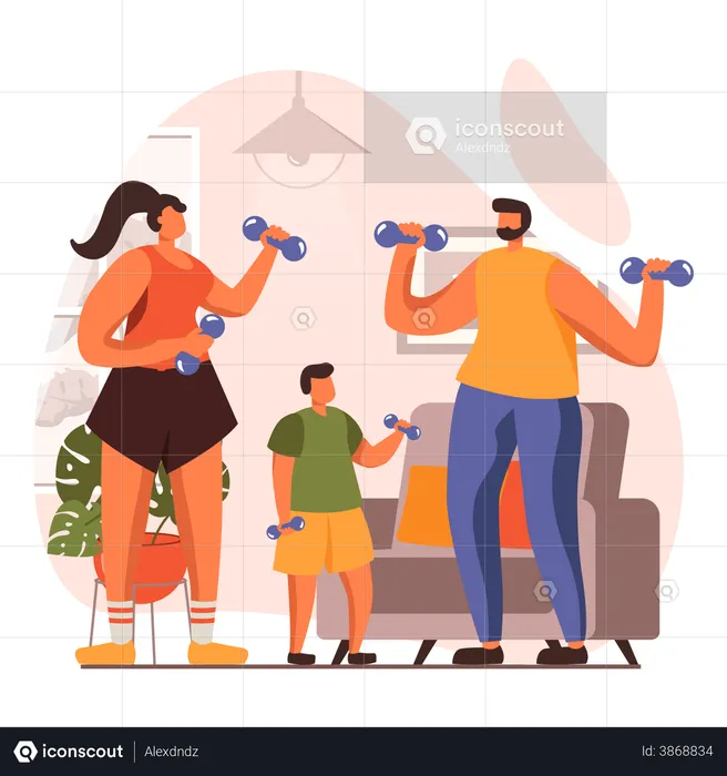 Family doing weightlifting  Illustration