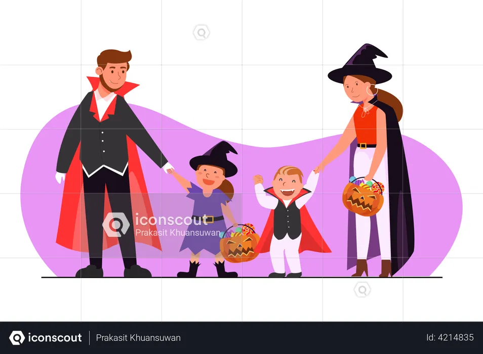 Family dressed in Halloween costume going to party  Illustration