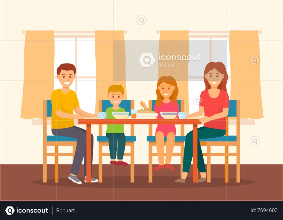 Family eating different food at home  Illustration