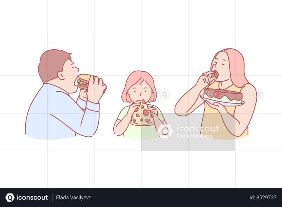 Family eating fast food together  Illustration