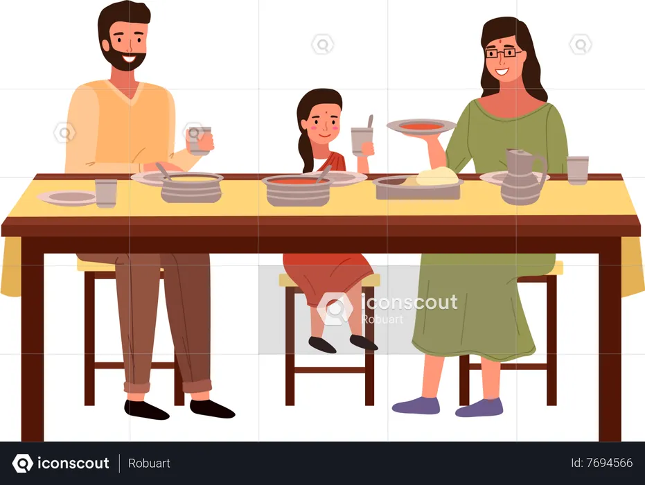Family eating indian food together  Illustration
