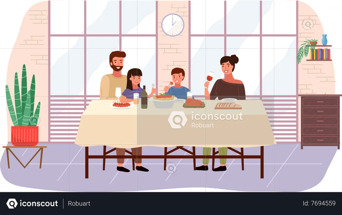 Family eating italian food together  Illustration