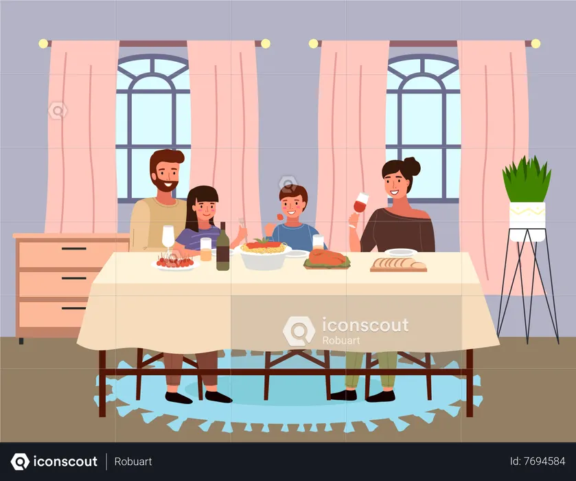Family eating italian food together at home  Illustration