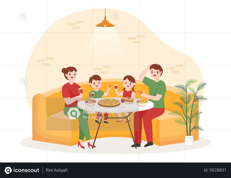 Family eating pizza at Italian restaurant  Illustration