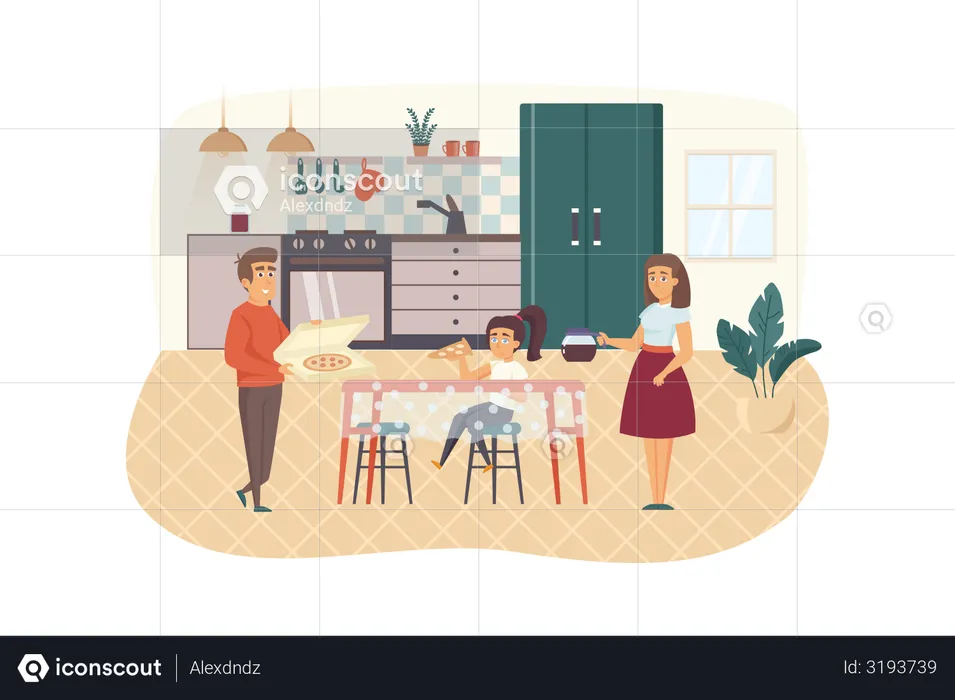 Family eating pizza in kitchen together  Illustration