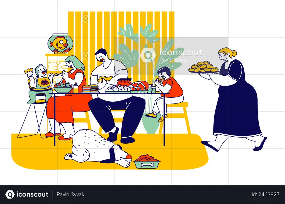 Family Eating Unhealthy Food  Illustration