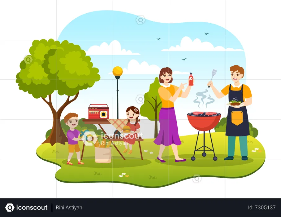 Family enjoying BBQ Party  Illustration