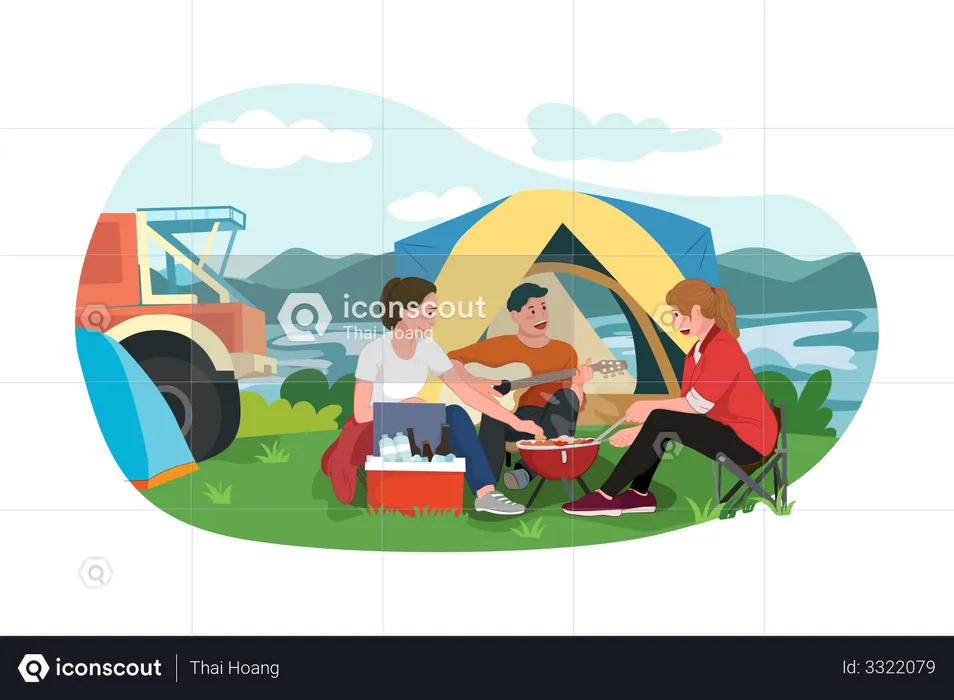 Family Enjoying Camping  Illustration