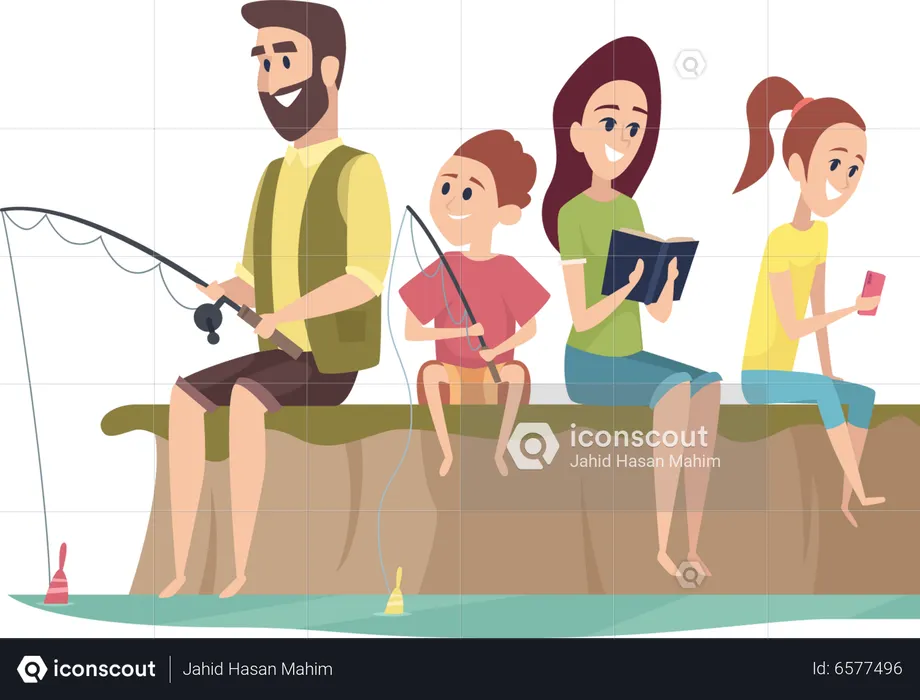 Family Enjoying Fishing  Illustration