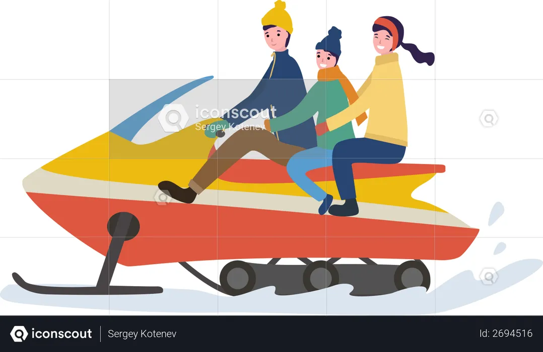 Family enjoying snowmobiling  Illustration
