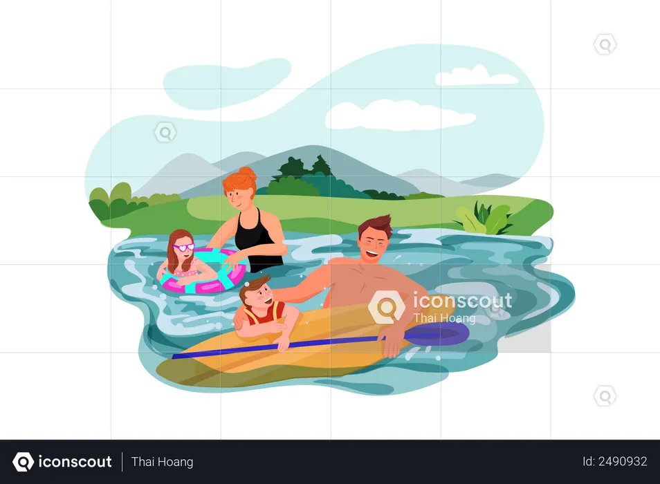 Family enjoying swimming in lake  Illustration