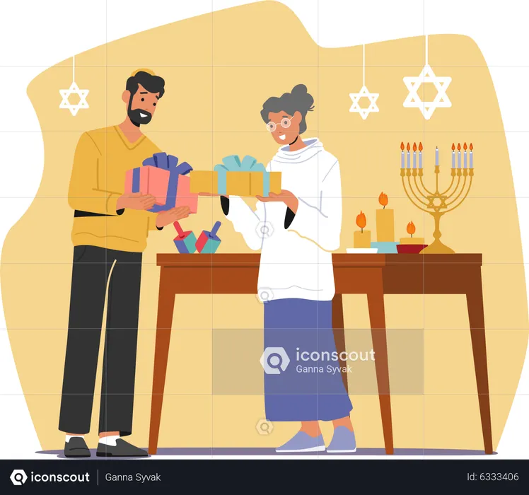 Family Exchange Gifts For Hanukkah Israeli Holiday  Illustration