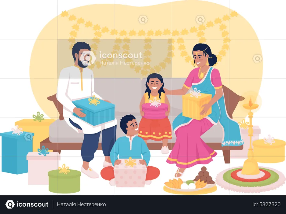 Family exchanging gifts on Diwali  Illustration