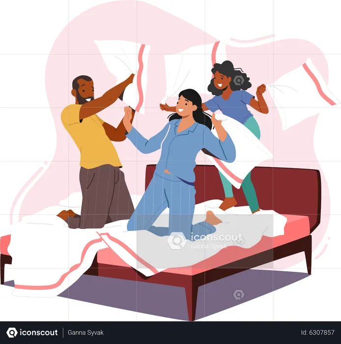 Family Fight on Pillows  Illustration