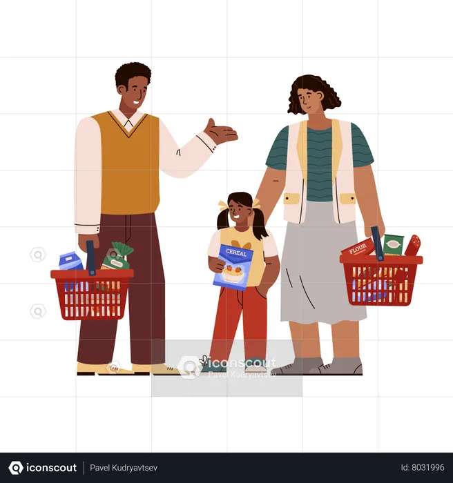 Family fills baskets with expensive groceries  Illustration