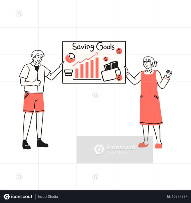 Family gathering around a board discussing their saving goals  Illustration