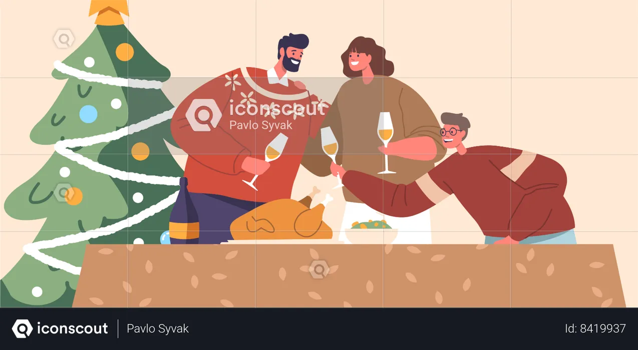 Family Gathers Around Christmas Table  Illustration