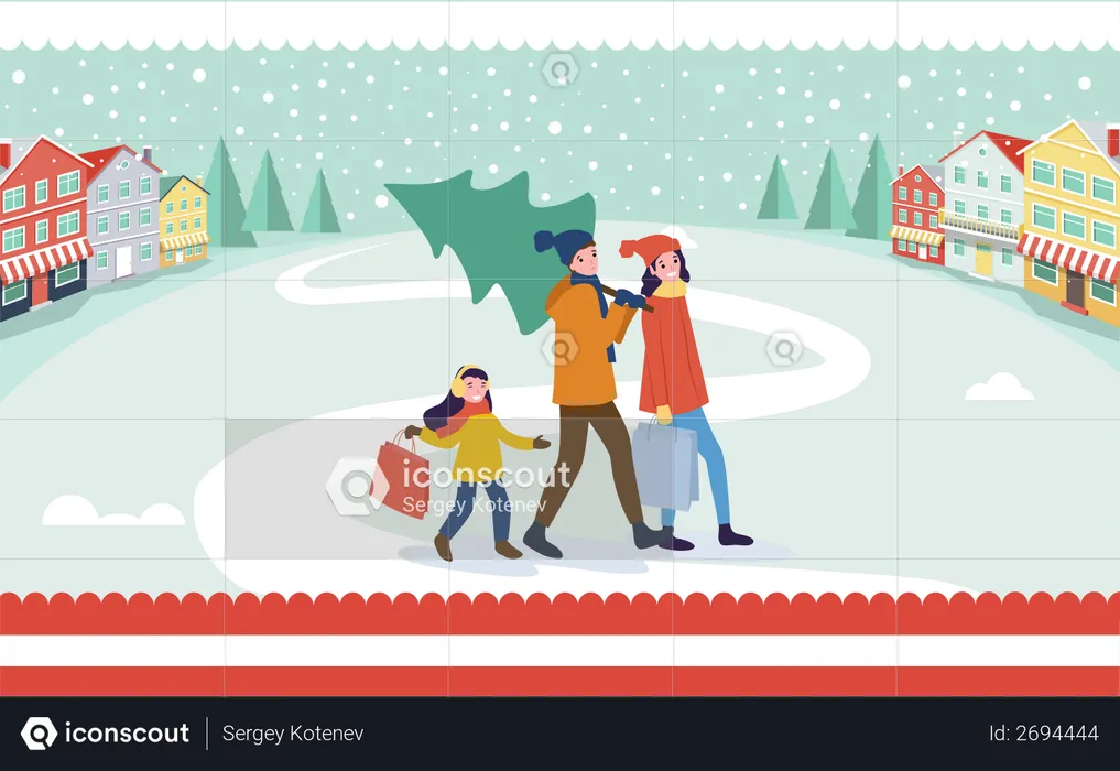 Family going home with Christmas tree  Illustration