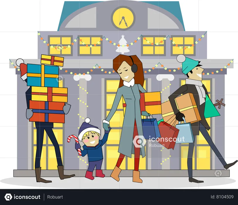 Family going to Shopping on Winter Holidays  Illustration