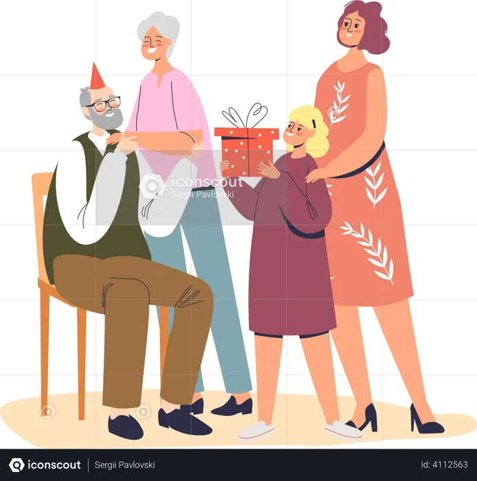 Family greeting happy birthday to grandfather  Illustration