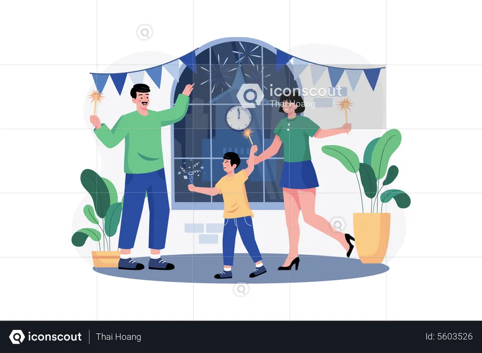 Family Greeting New Year's Eve With Flares  Illustration