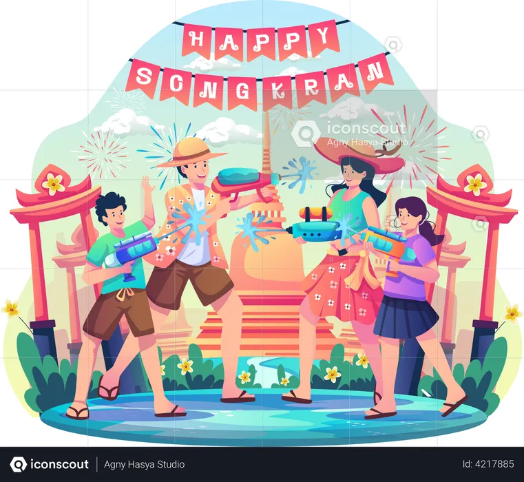 Family having fun playing water gun to celebrate Thailand Traditional New Year's Day  Illustration