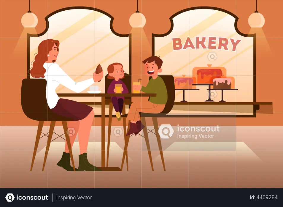 Family having lunch in bakery  Illustration