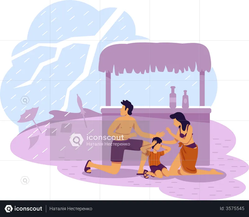 Family hiding from thunderbolt  Illustration