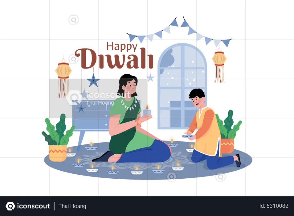Family holding Diya during Diwali  Illustration
