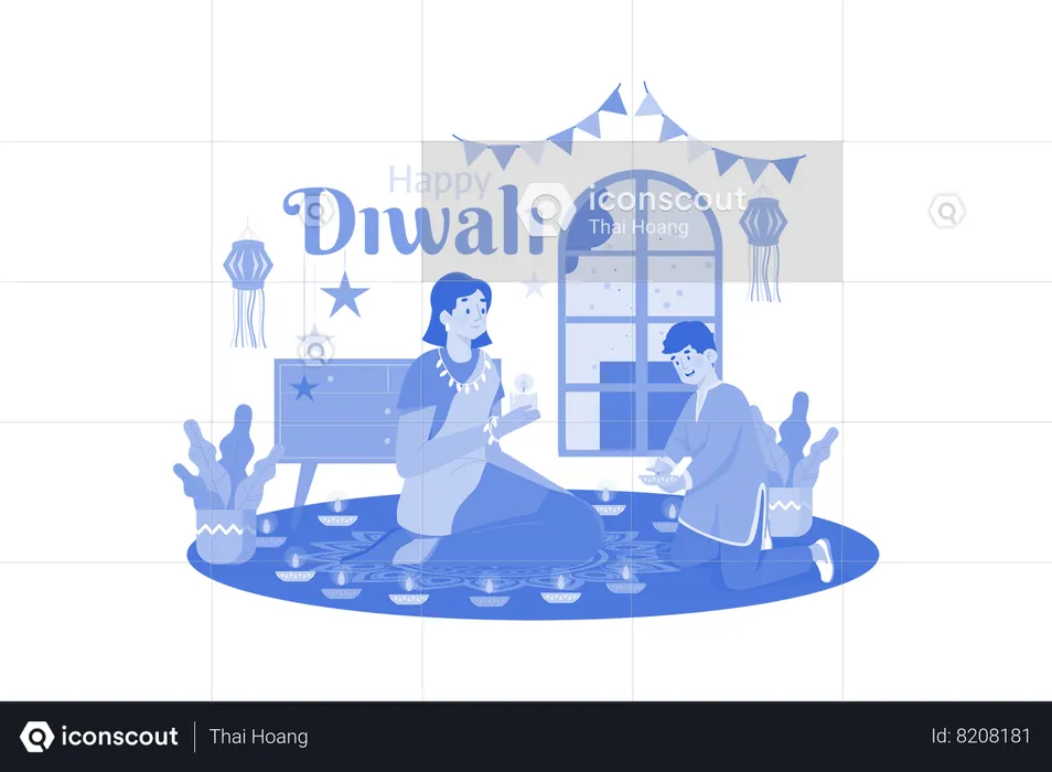 Family holding Diya during Diwali  Illustration