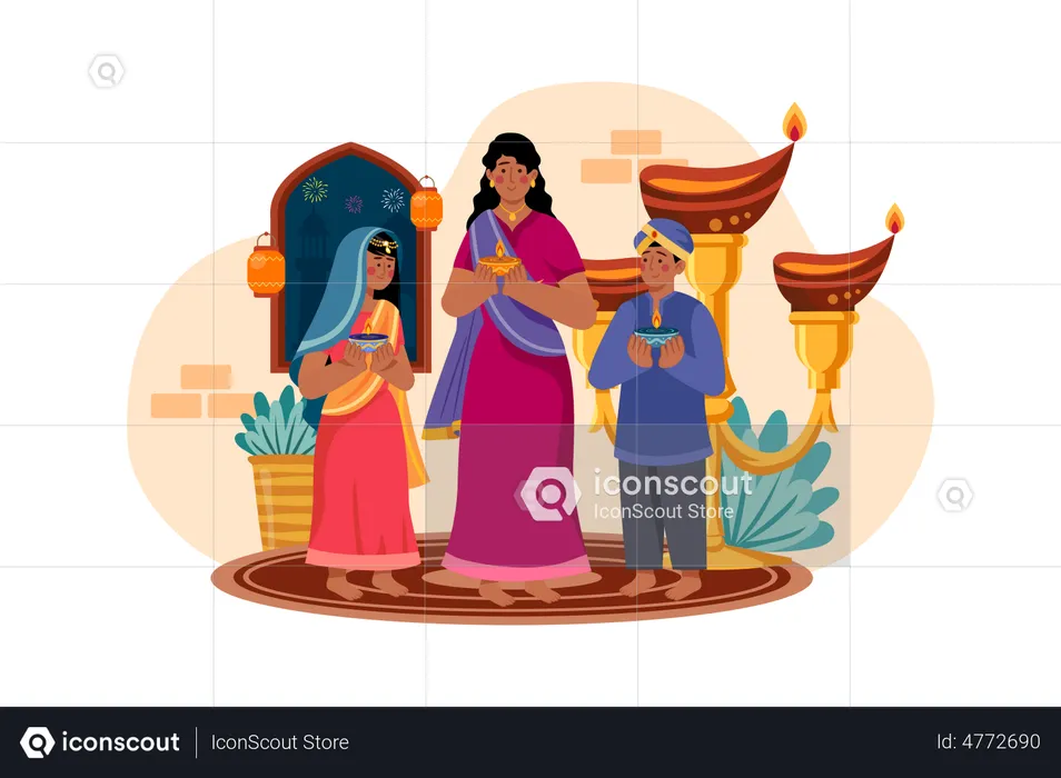 Family holding Diya during Diwali  Illustration